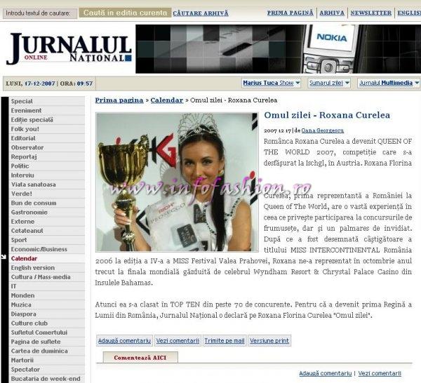 Roxana_Curelea 2007 `Omul Zilei` in Jurnalul National, pentru ca a devenit prima Regina a Lumii din Romania /Queen of the World 