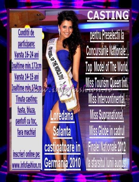CASTING pe www.infofashion.ro pentru Top  Model of The World, Miss Tourism Queen Intl, Miss Intercontinental, Miss Supranational, Miss Globe, etc in cadrul Finalei Nationale in Romania 06.09.2012