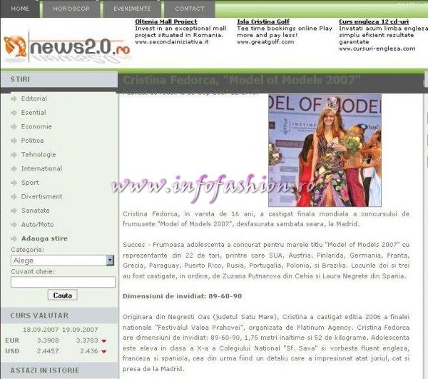 Cristina Fedorca, descoperita la Festival Valea Prahovei 2006, a devenit la Madrid, Model of Models