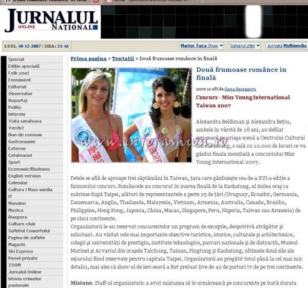 Jurnalul National 28 oct Presa 2007 Taiwan Miss Young International 