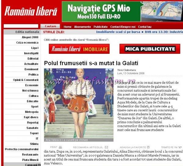 2008 Press- O noua laureata Ana Velesco, Rep. Moldova, locul 4 la Miss Global Beauty Queen in China