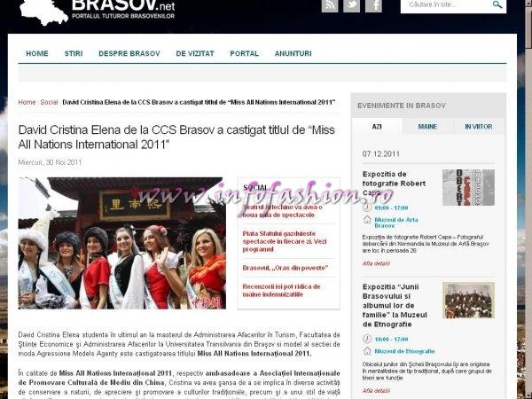 www.brasov.net /david cristina elena de la ccs brasov a castigat titlul de miss all nations international 2011