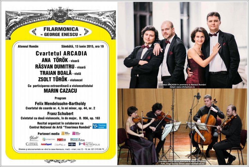 Ateneul Roman: Cvartetul ARCADIA (Ana si Zsolt Torok, Rasvan Dumitru, Traian Boala) si Marin Cazacu- in premiera pe 13.06.2015